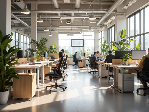 现代化办公环境，宽敞明亮的会议室，员工正在讨论项目，玻璃隔断设计，绿色植物装饰，营造舒适工作氛围